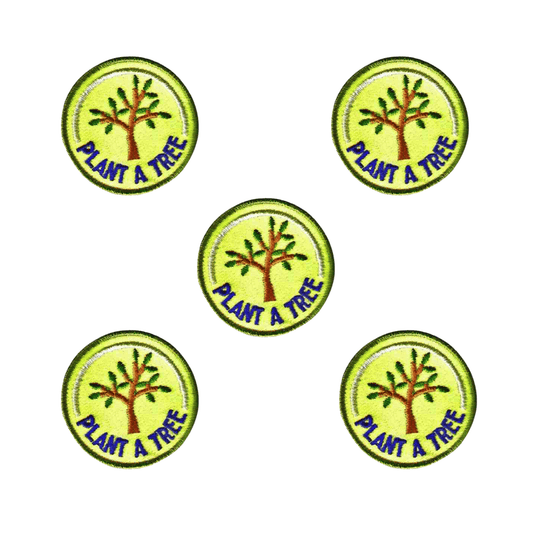 The Laughing Lizards Plant A Tree (5-Pack) Iron On Patch features tree images and "PLANT A TREE" text, ideal for promoting environmental awareness. Perfect for adding eco-friendly style to your gear.