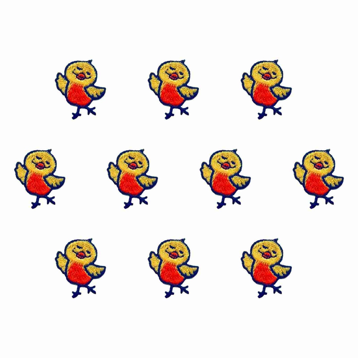 A group of red and yellow Chick Patches (10-Pack) Chicken Embroidered Iron On Patch Appliques are standing on a white background.