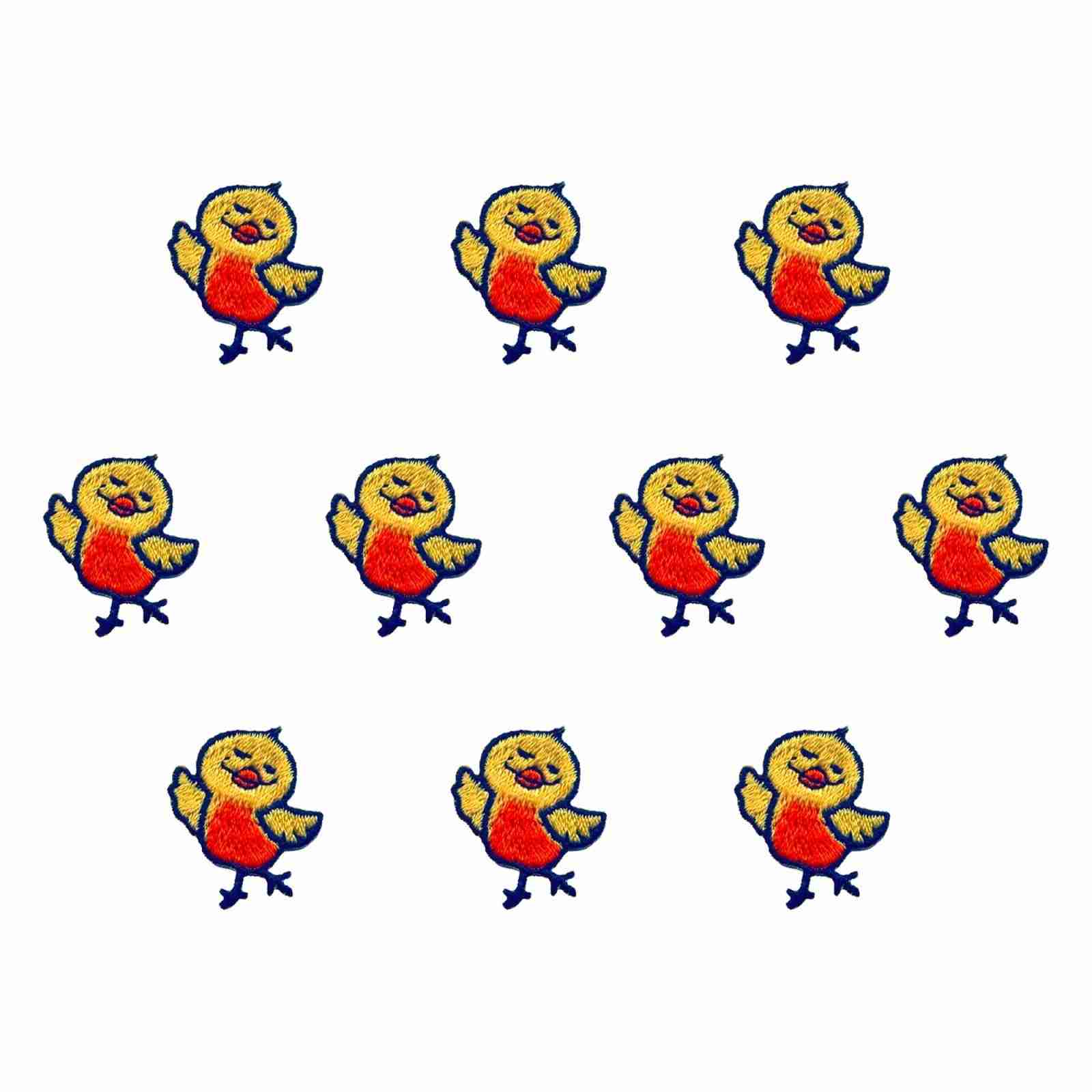 A group of red and yellow Chick Patches (10-Pack) Chicken Embroidered Iron On Patch Appliques are standing on a white background.