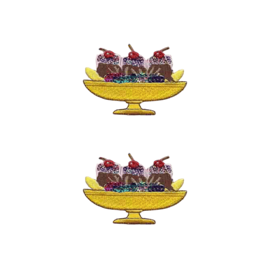 Two pictures of Banana Split Patches (2-Pack) Food Embroidered Iron On Patch Appliques in a bowl.
