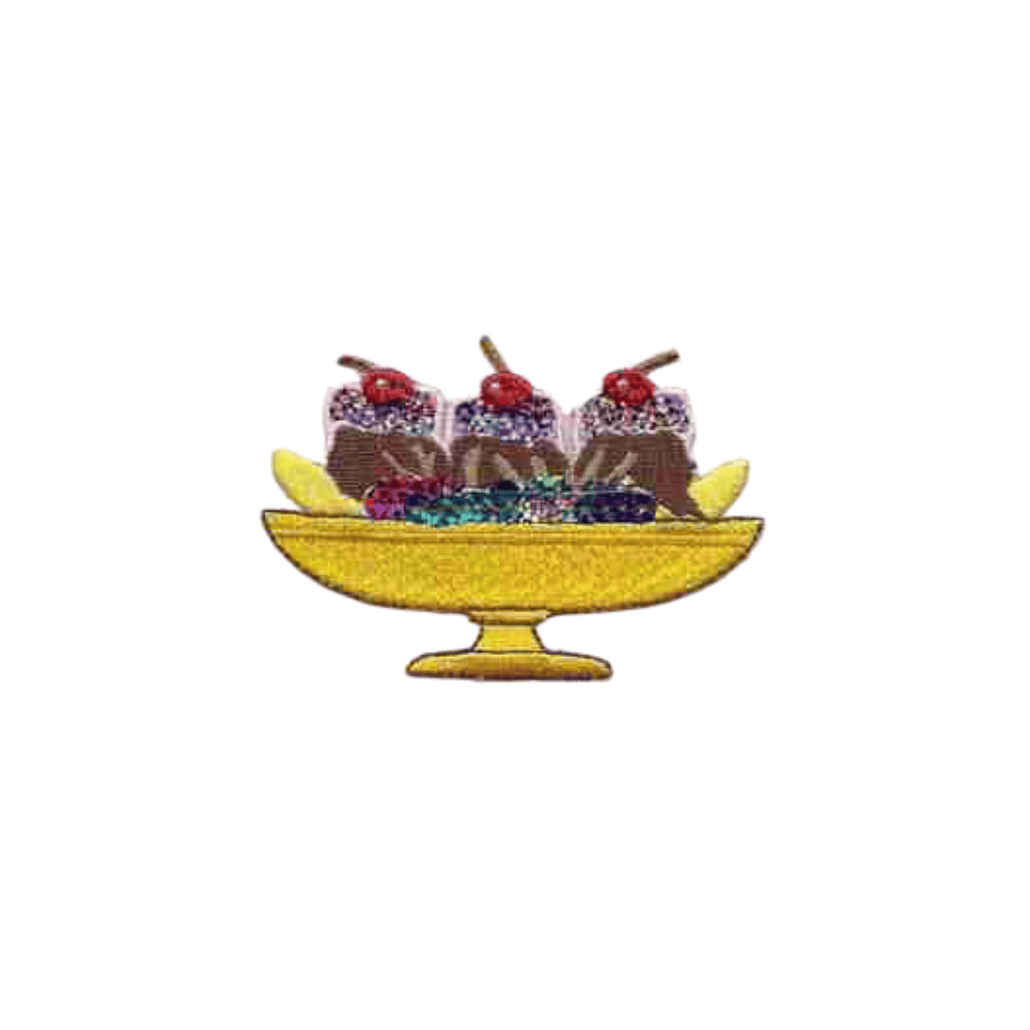 A yellow bowl with Banana Split Patches (2-Pack) Food Embroidered Iron On Patch Appliques and fruit in it.