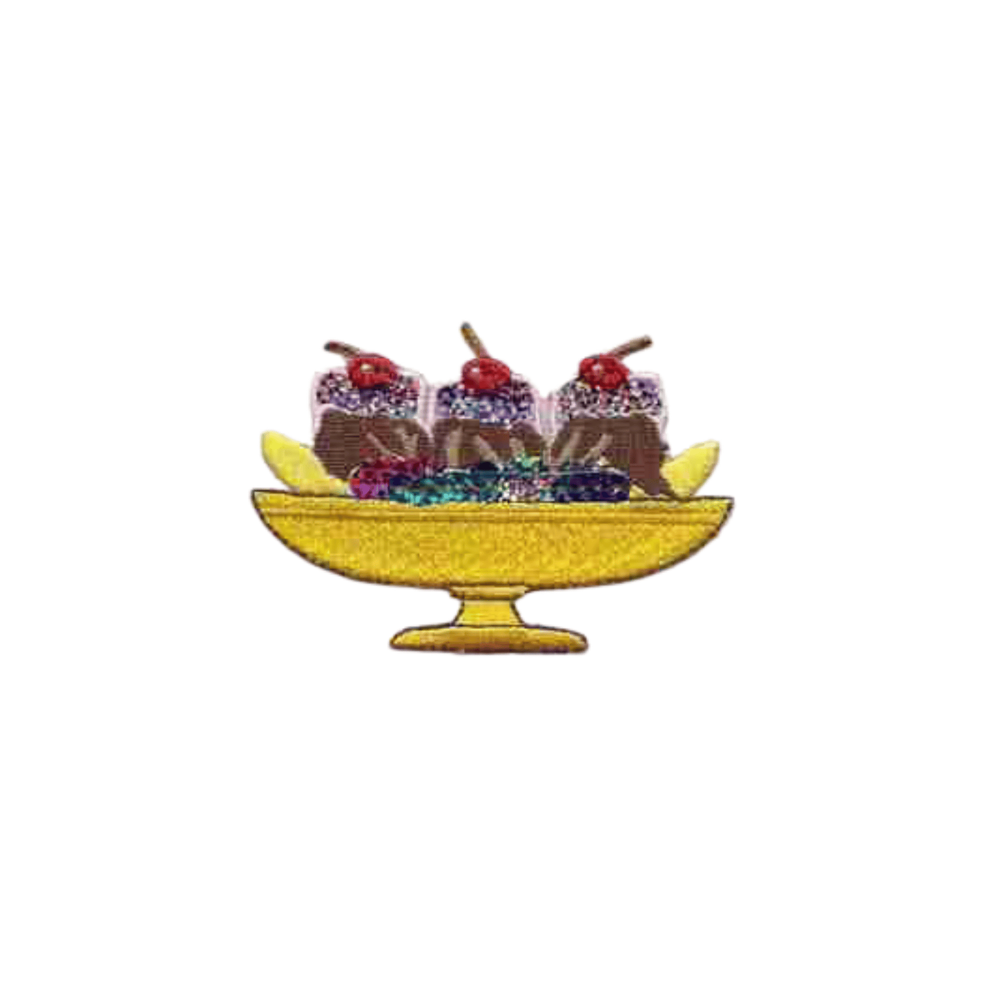 A yellow bowl with Banana Split Patches (2-Pack) Food Embroidered Iron On Patch Appliques and fruit in it.