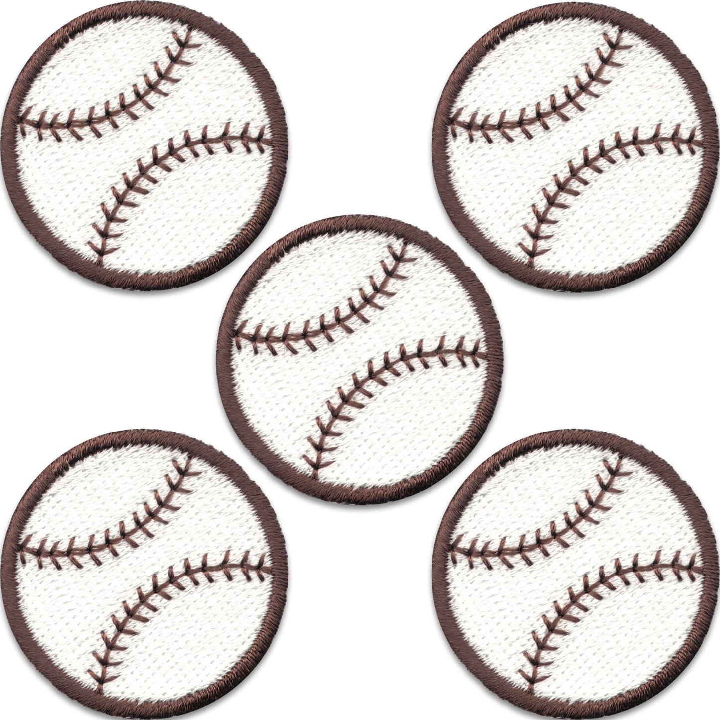Laughing Lizards Baseball Patches (5 Pack) are embroidered iron-on patches, each featuring classic red baseball stitching. The round sports patches are shown in a loose cluster on a white background.