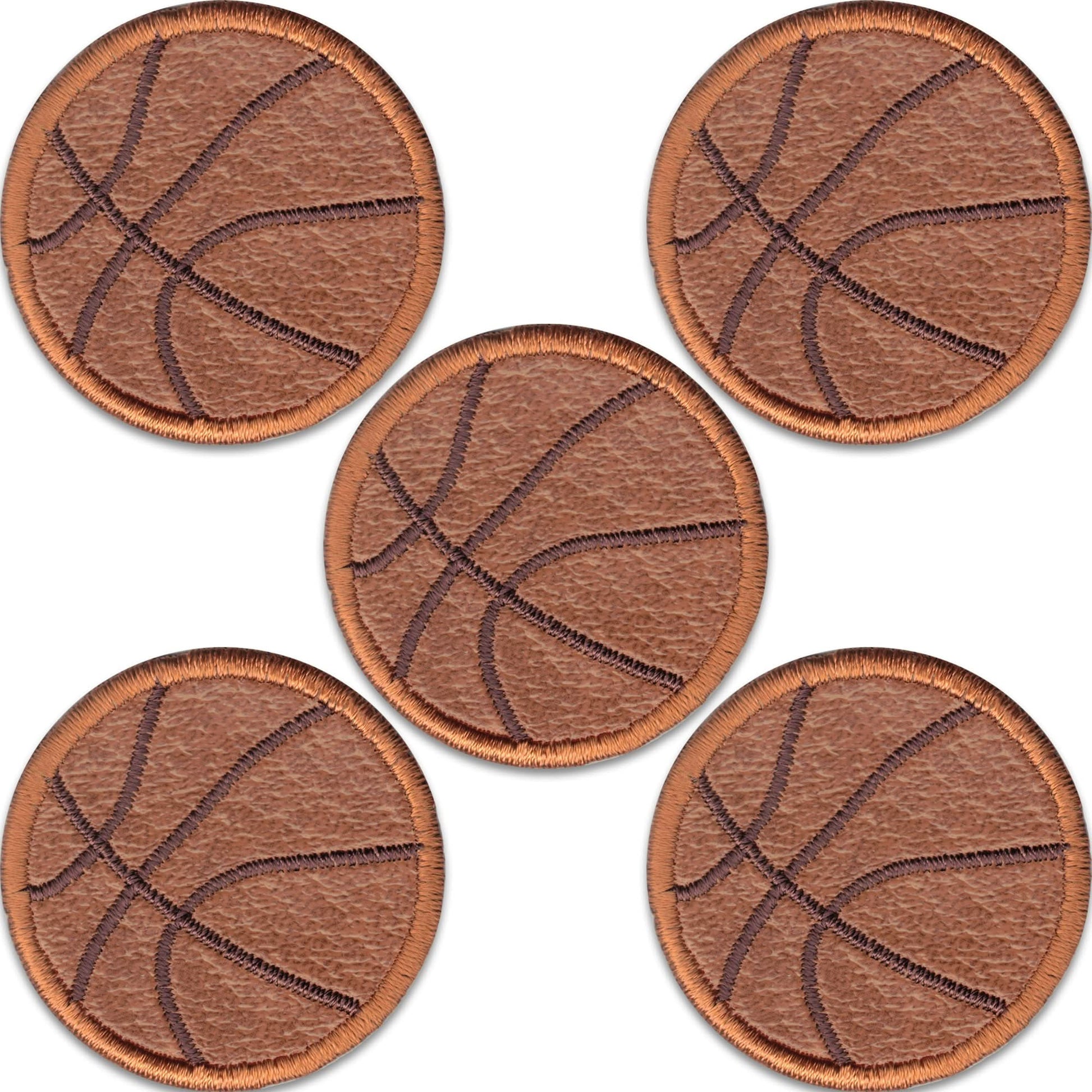 Laughing Lizards Basketball Patches (5-Pack) feature sport embroidered iron on appliques with black lines, perfect for kids' shirts or DIY crafts, shown in a loose cluster on a white background.