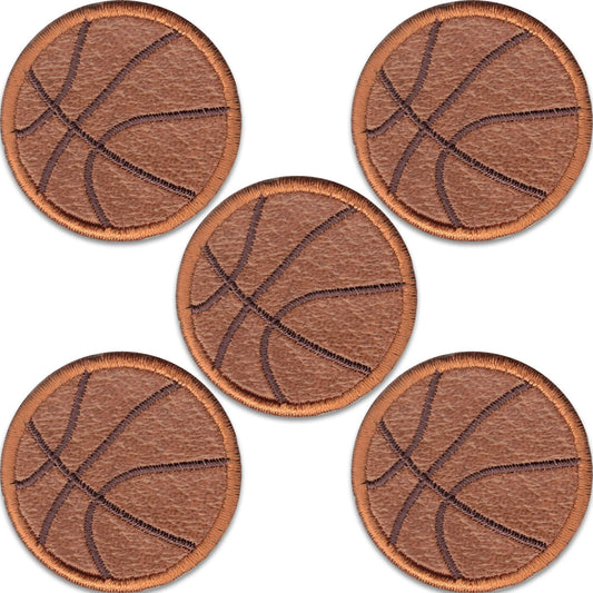 Laughing Lizards Basketball Patches (5-Pack) feature sport embroidered iron on appliques with black lines, perfect for kids' shirts or DIY crafts, shown in a loose cluster on a white background.