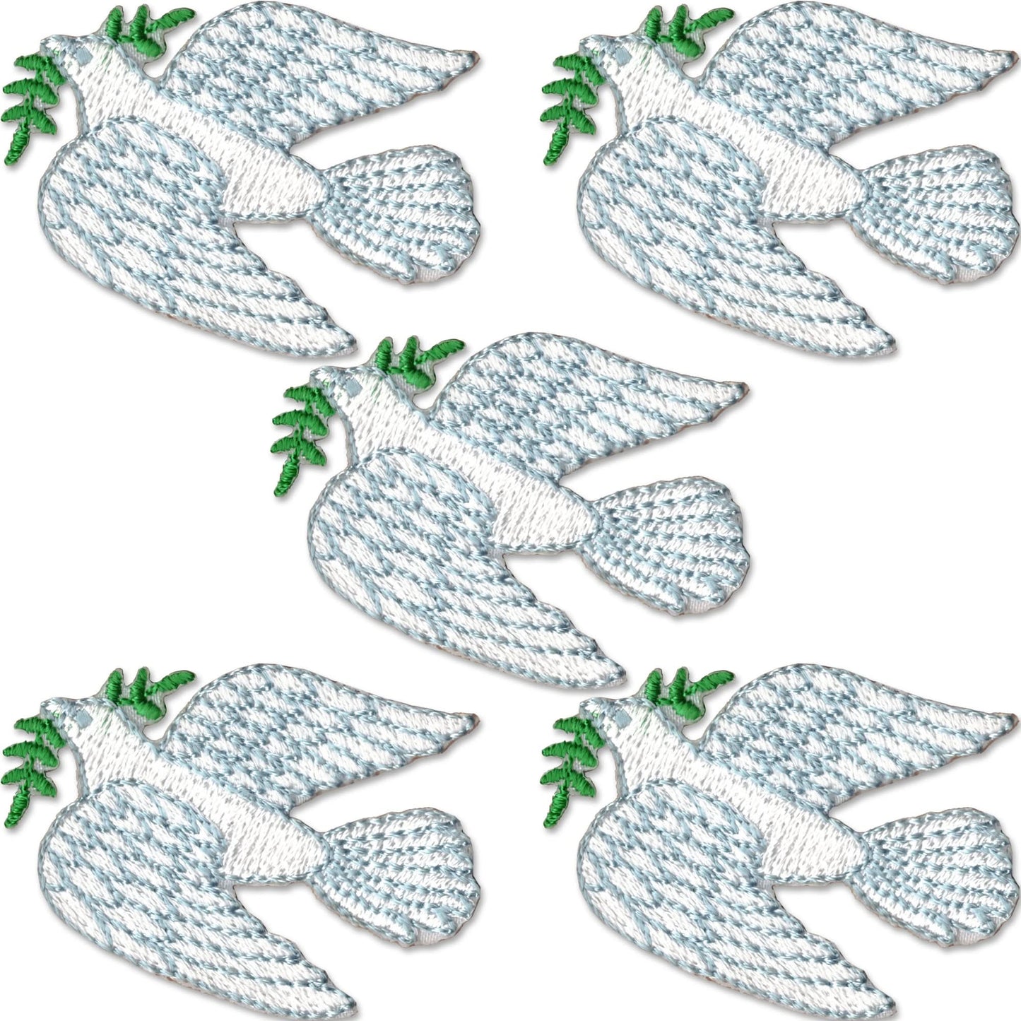 Laughing Lizards Dove of Peace Religious Iron On Patch (5 Pack) features five embroidered doves, each with a green olive branch in its beak, arranged on a white background.