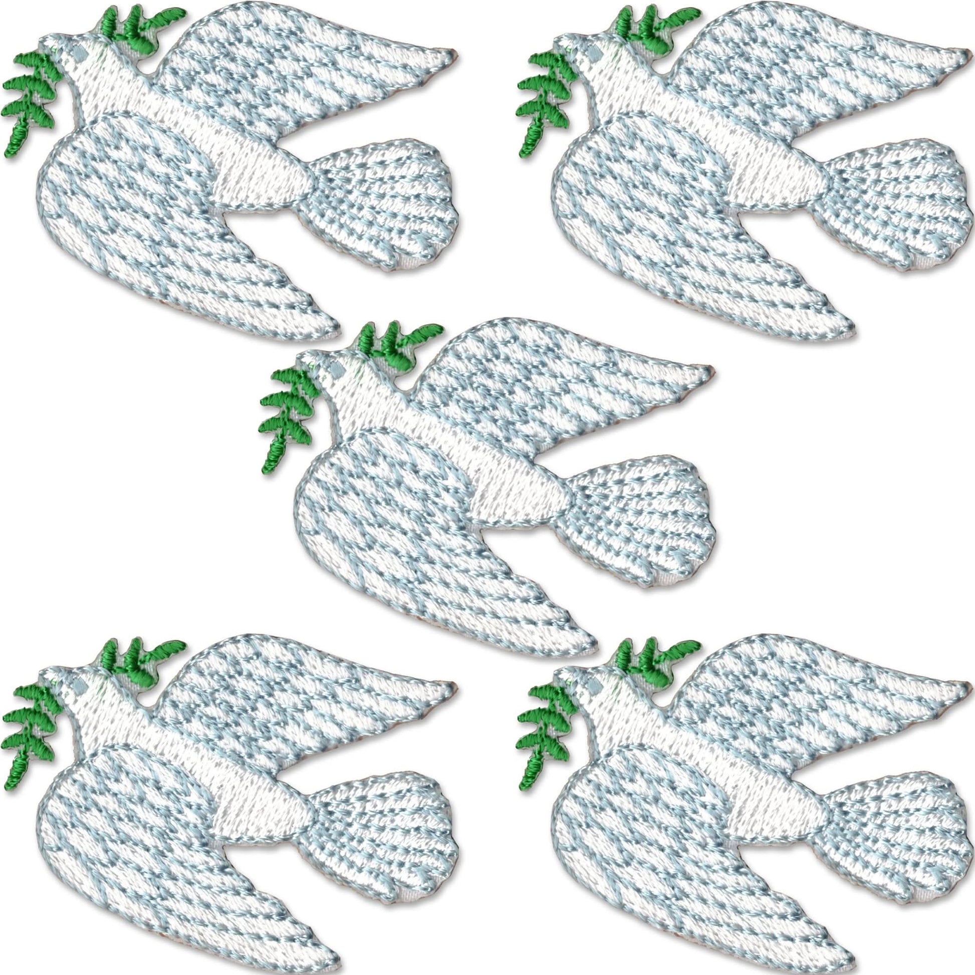 Laughing Lizards Dove of Peace Religious Iron On Patch (5 Pack) features five embroidered doves, each with a green olive branch in its beak, arranged on a white background.
