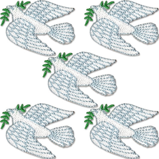 Laughing Lizards Dove of Peace Religious Iron On Patch (5 Pack) features five embroidered doves, each with a green olive branch in its beak, arranged on a white background.