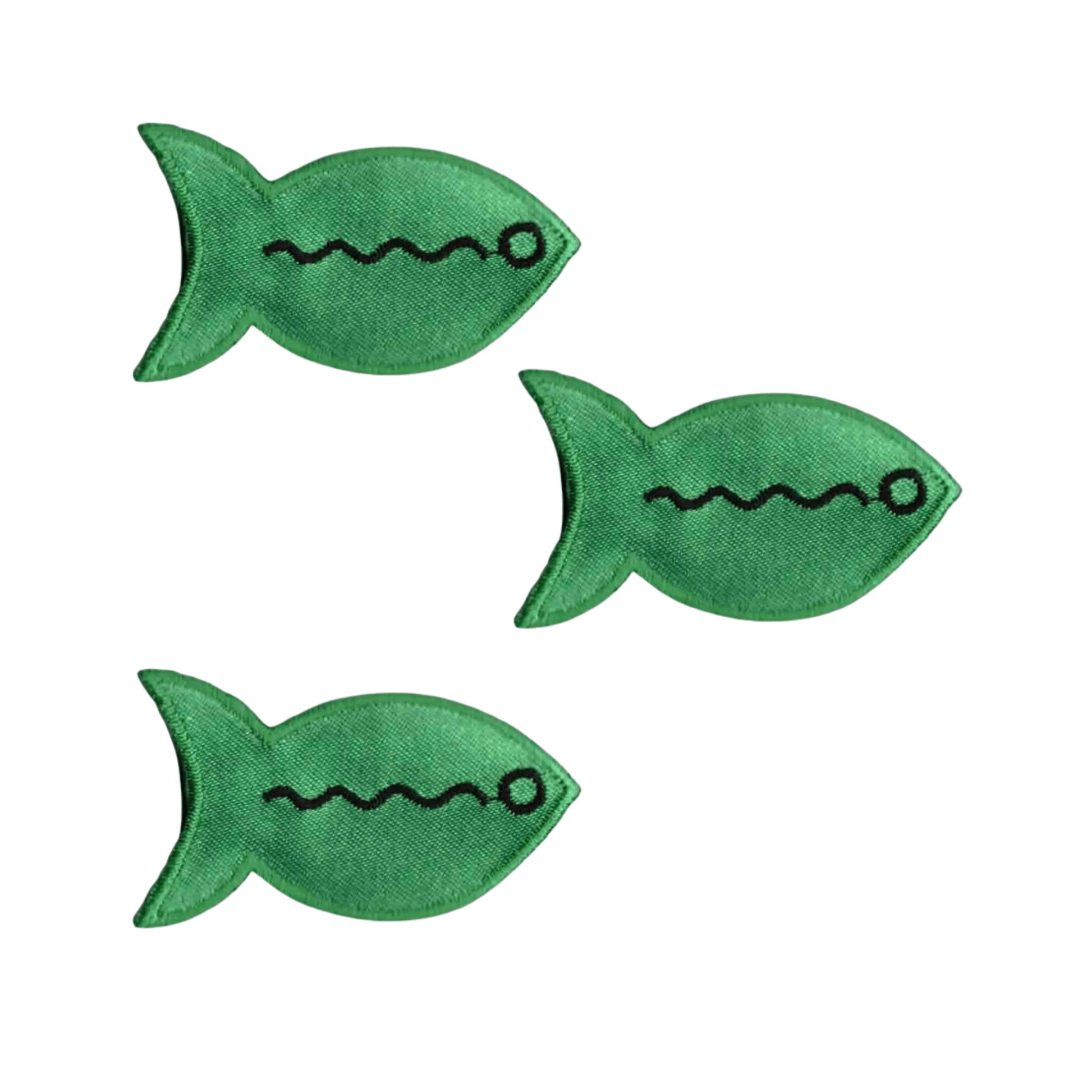 The Laughing Lizards Brightly Colored Fish in GREEN (3-Pack) Iron On Patch features simple black line and dot designs—perfect as DIY craft or green fish iron on patches for your next project.