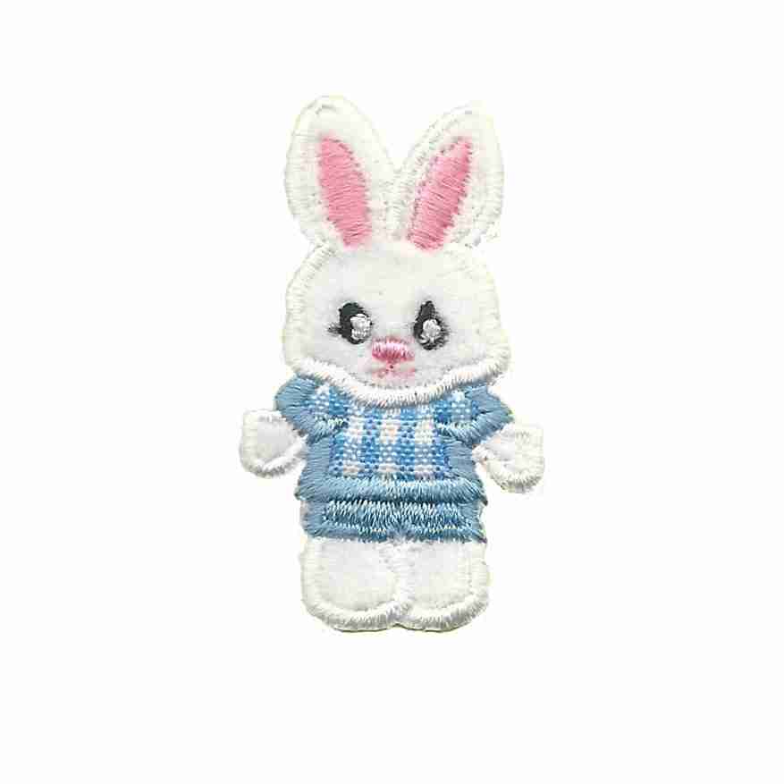 A Bunny Patches (4-Pack) Easter Embroidered Iron on Patch Appliques wearing a blue and white checkered shirt.