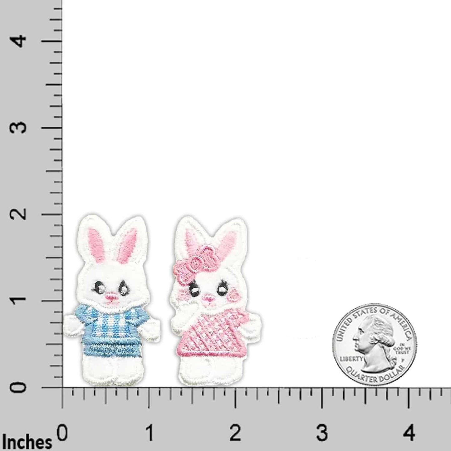 Two Bunny Patches (4-Pack) Easter Embroidered Iron on Patch Appliques on a ruler.