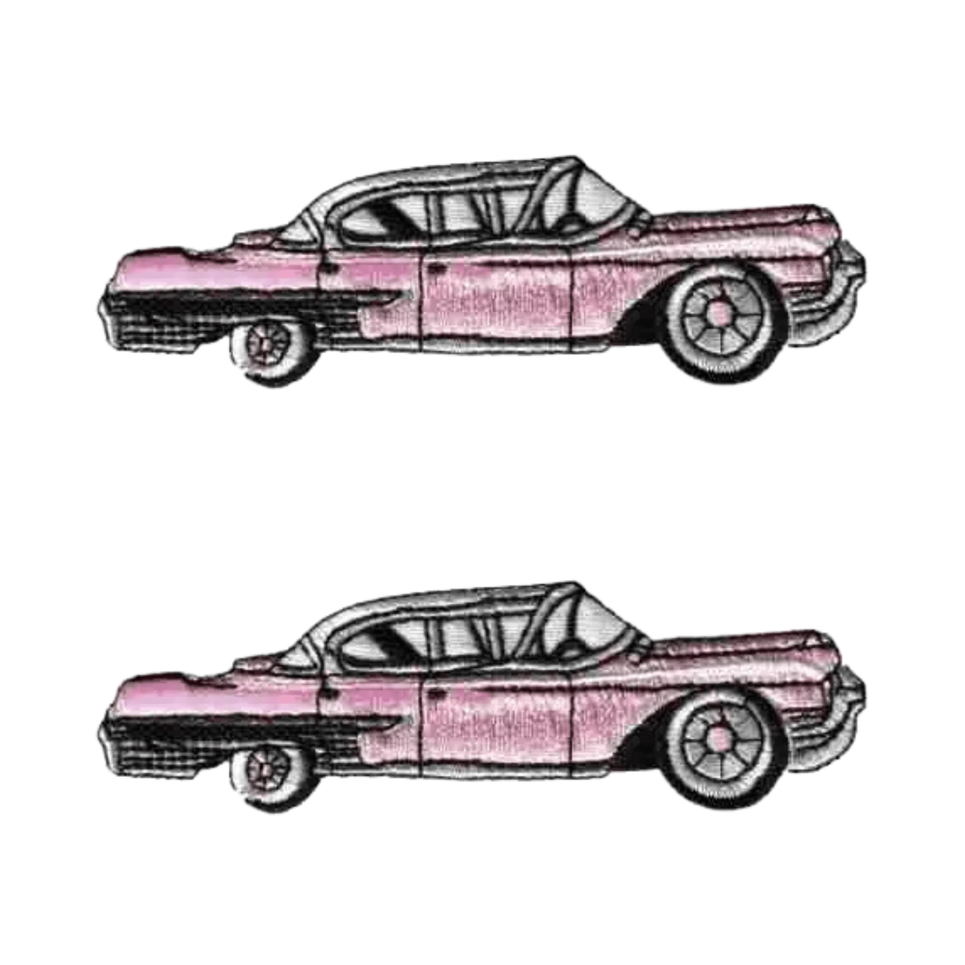 Two pink Cadillac Car iron-on patches by Laughing Lizards are displayed vertically on a plain white background. Available in a 2-pack, these vintage-style patches resemble classic Cadillacs and come in pink or black.