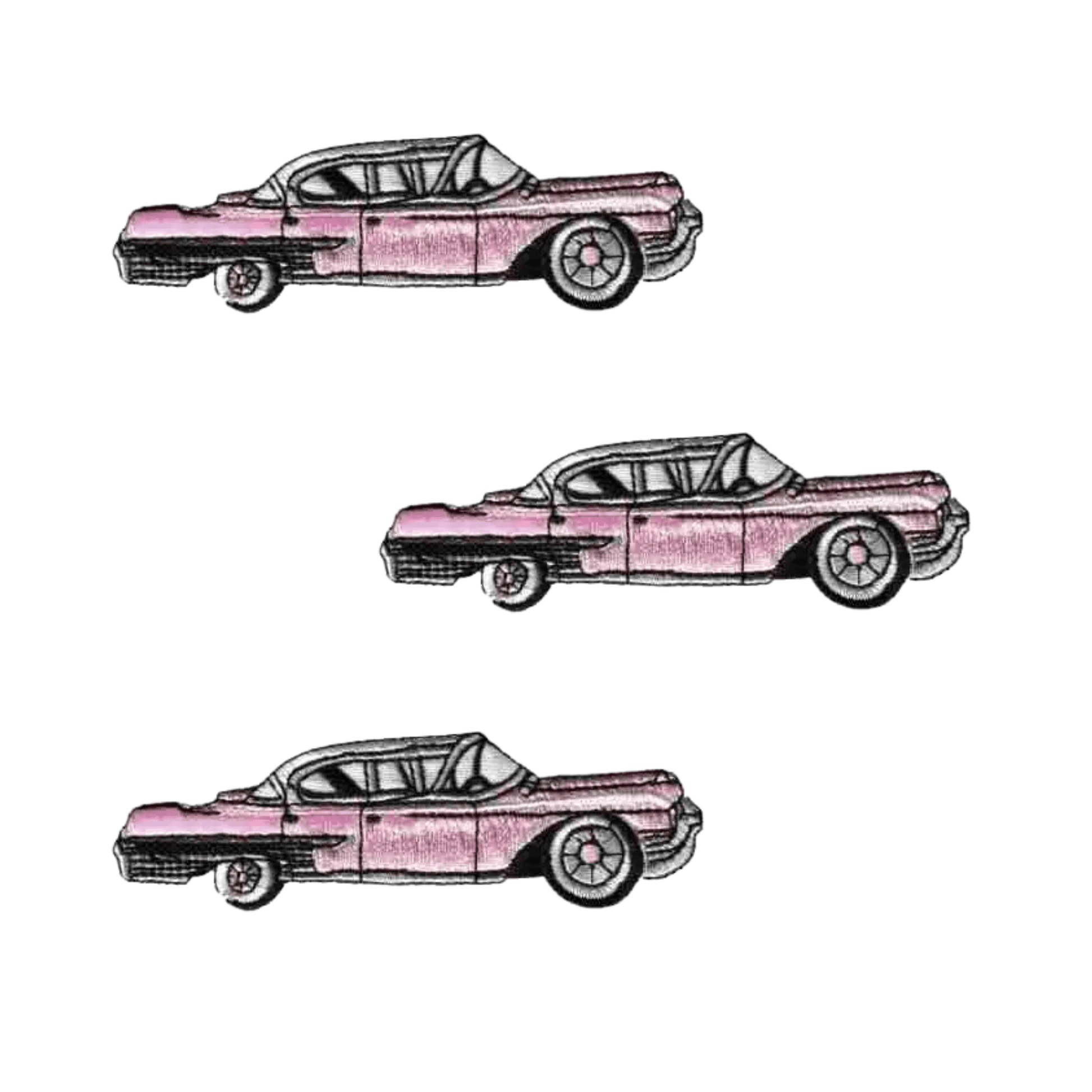 The Laughing Lizards Cadillac Car Iron On Patch (2-Pack) features charming pink or black vintage car designs, perfect for embroidery or as an applique on clothing and accessories.