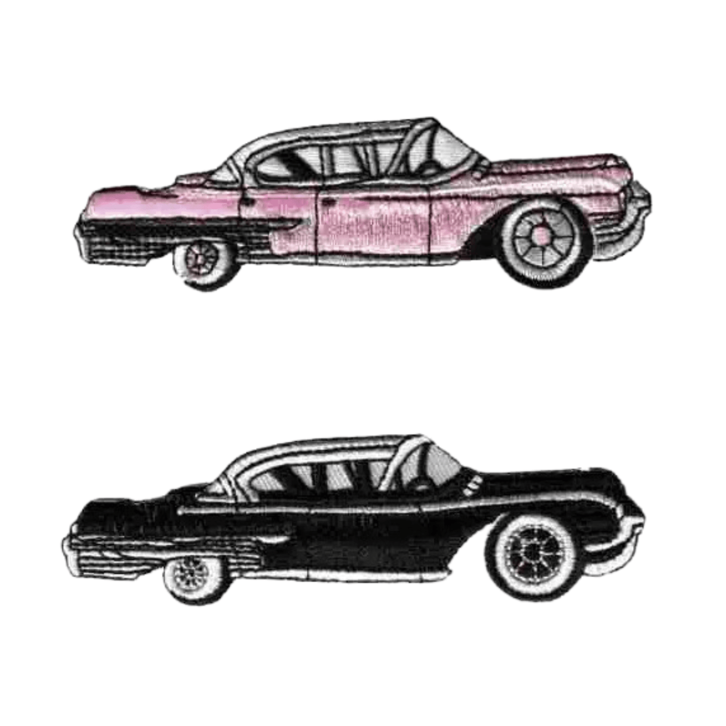 Laughing Lizards' Cadillac Car Iron On Patch 2-Pack includes pink and black patches, shown side by side on white. Perfect vintage-style appliques to customize jackets, bags, and more.