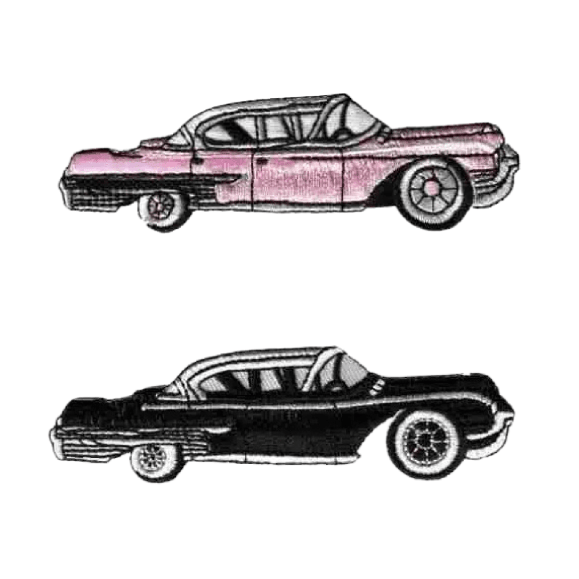 Laughing Lizards' Cadillac Car Iron On Patch 2-Pack includes pink and black patches, shown side by side on white. Perfect vintage-style appliques to customize jackets, bags, and more.
