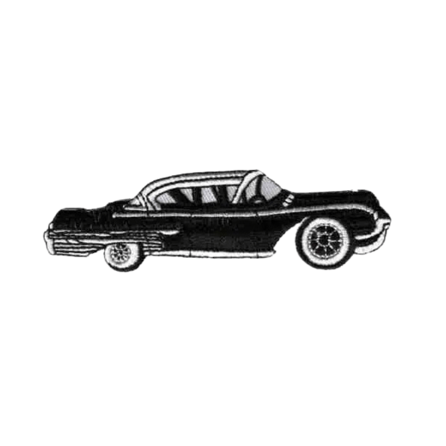 Illustration of a black vintage Cadillac, shown from the side on white—ideal for the Laughing Lizards Cadillac Car (2-Pack) Iron On Patch in Pink or Black. Perfect for classic car patch collectors and embroidery fans.