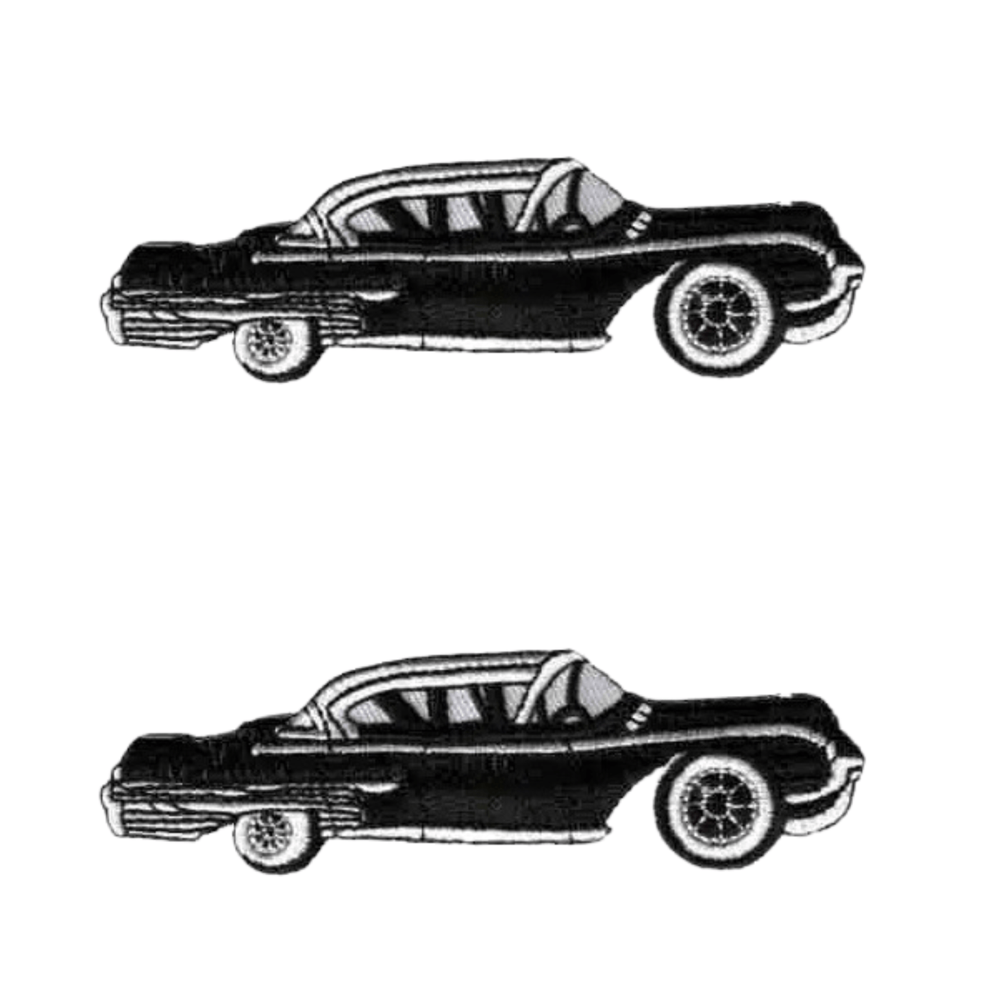 Two identical black Cadillac car patches by Laughing Lizards are aligned vertically on a white background—perfect as an iron-on applique or embroidered patch. Available in a 2-pack with pink or black options.