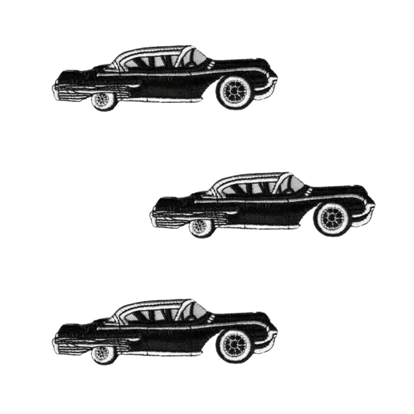 Two identical black or pink Cadillac cars are displayed vertically on a white background, making the Laughing Lizards Cadillac Car (2-Pack) Iron On Patch ideal for applique work or as an embroidered patch.