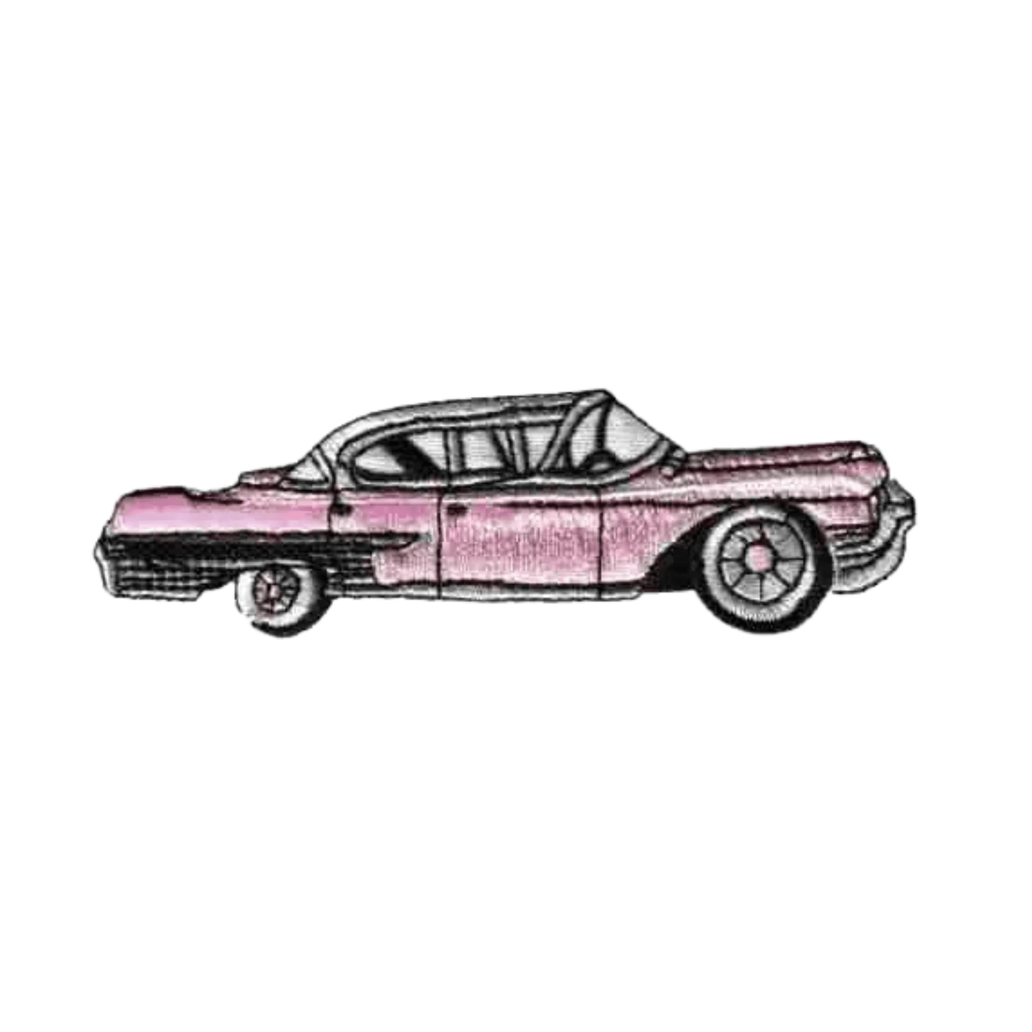 Illustration of a vintage pink car with two doors and white roof, shown in profile—great inspiration for the Laughing Lizards Cadillac Car (2-Pack) Iron On Patch: Pink or Black. Perfect for classic embroidered car patches.