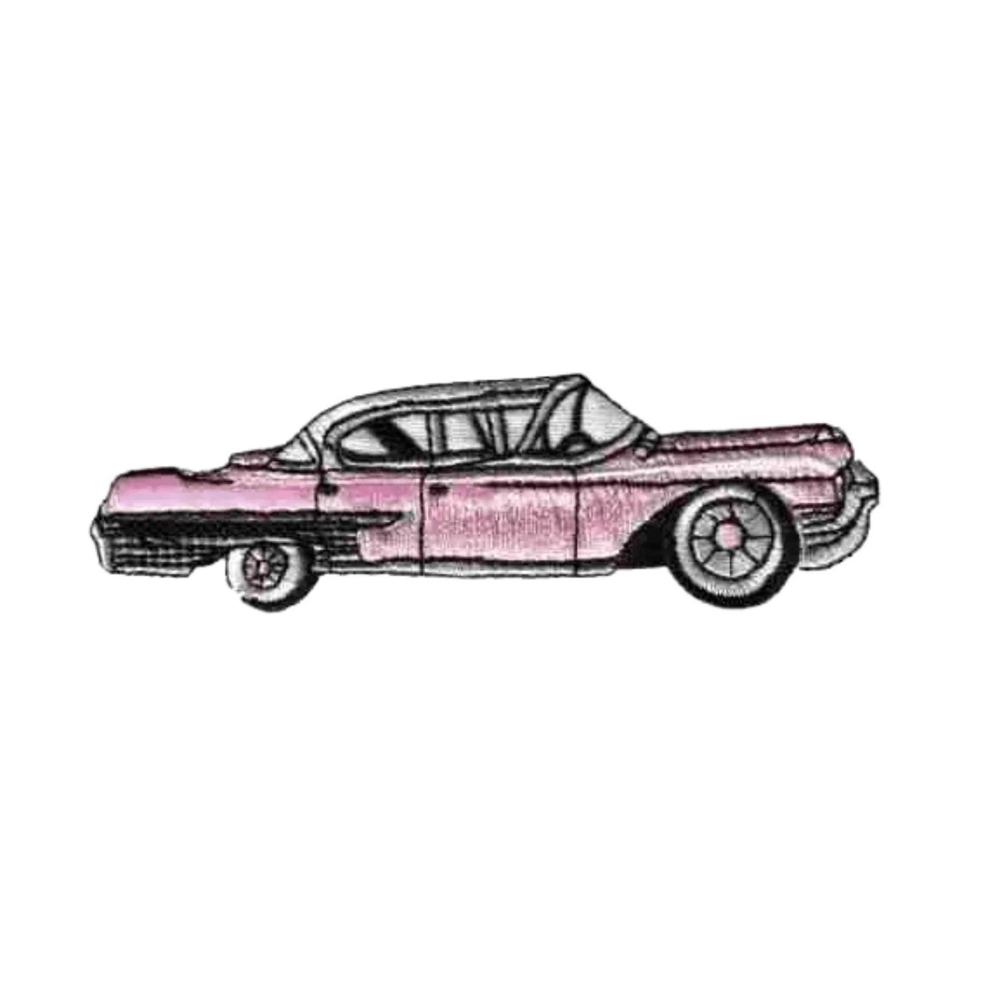 Illustration of a vintage pink car with two doors and white roof, shown in profile—great inspiration for the Laughing Lizards Cadillac Car (2-Pack) Iron On Patch: Pink or Black. Perfect for classic embroidered car patches.