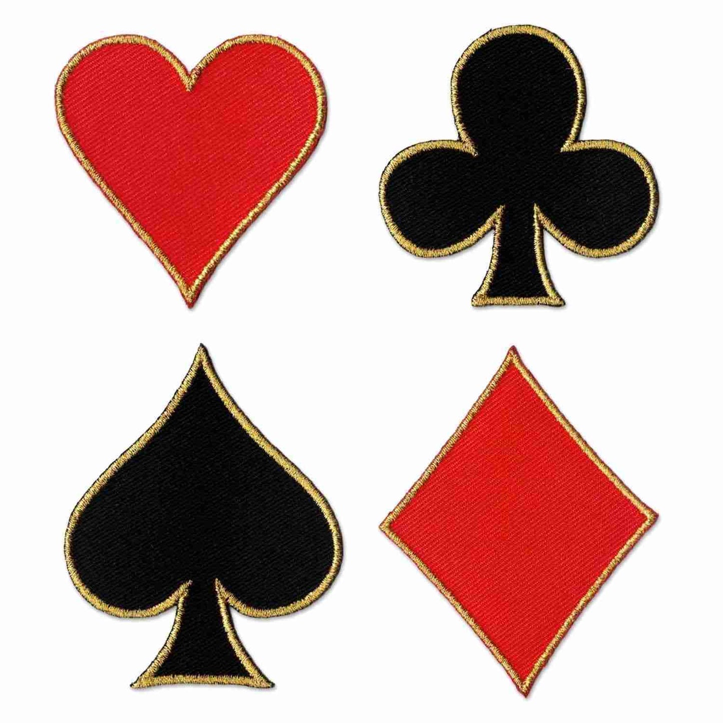 Four Card Suit Symbols 4 Pack Iron On Patches with hearts and spades on a white background.