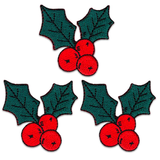 Laughing Lizards Christmas Holly (3 Pack) Embroidered Iron on Patch Appliques feature festive green holly leaves and red berries—perfect for adding a holiday touch to your crafts or clothing.