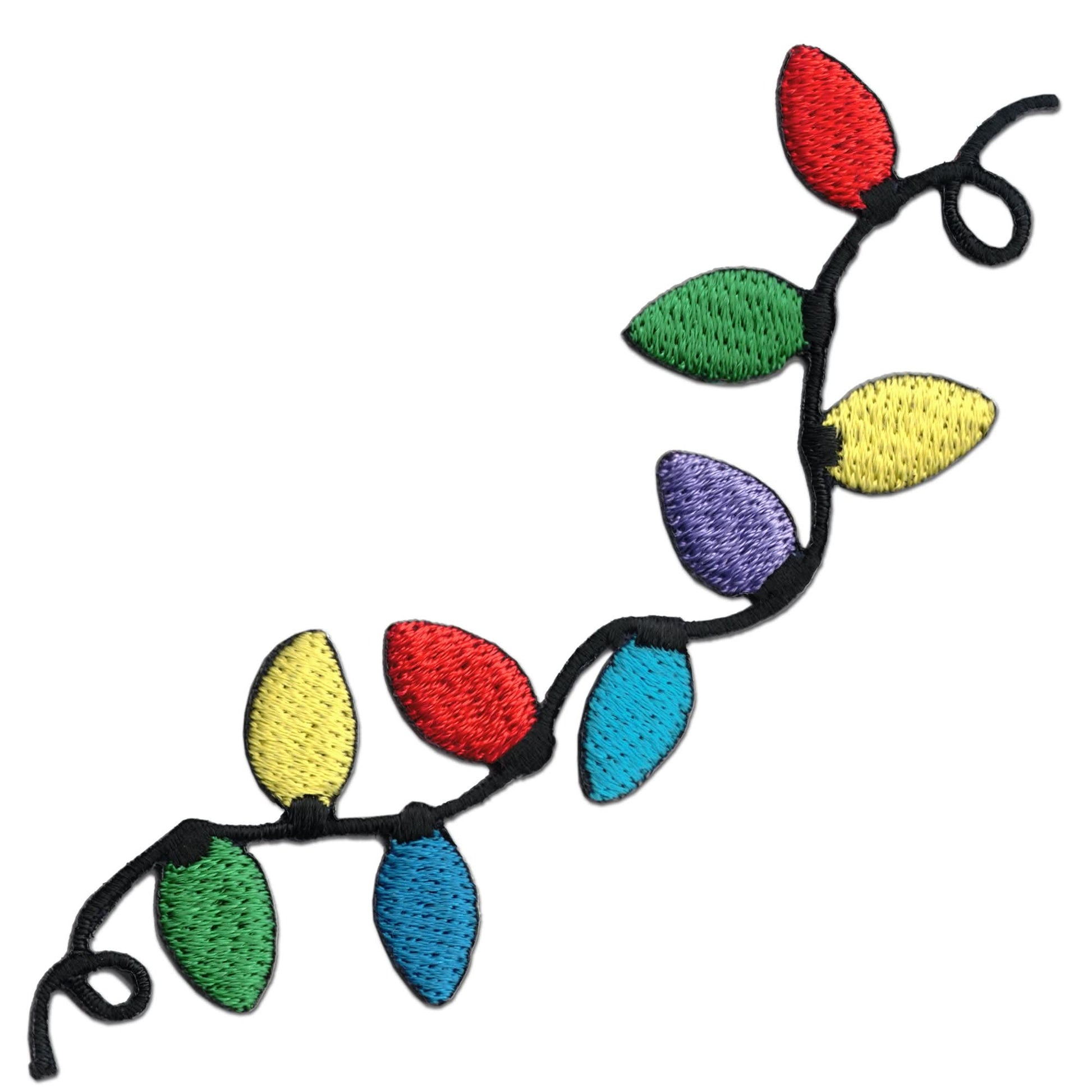 Add festive flair to your projects with Laughing Lizards Christmas Lights Patches (2-Pack)—embroidered iron-on appliques featuring colorful bulbs on a black cord, perfect for holiday decorations or patchwork.