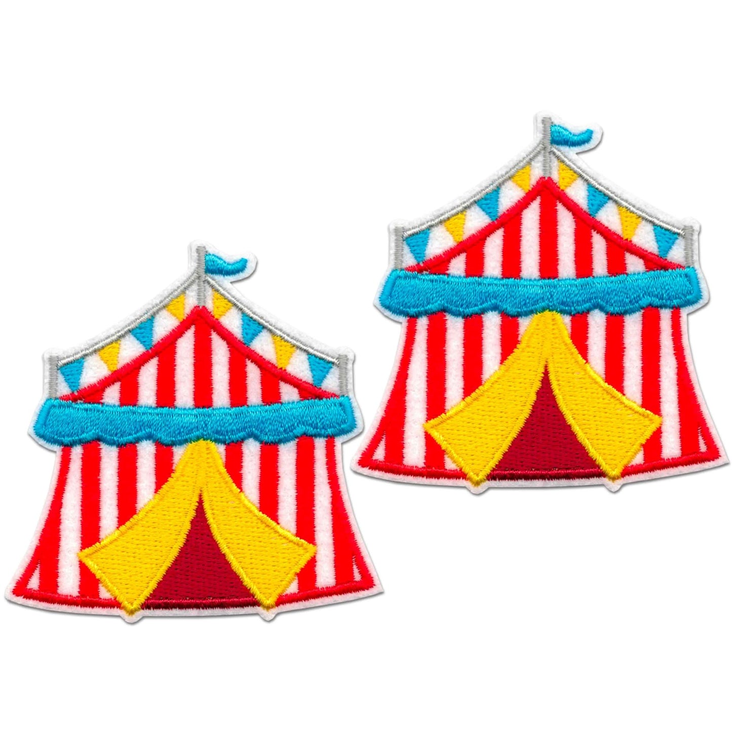 Laughing Lizards Circus Tent (2-Pack) Embroidered Iron on Patch Appliques feature red and white stripes, blue flags, yellow entrances, and colorful trim—perfect machine washable DIY craft accessories.