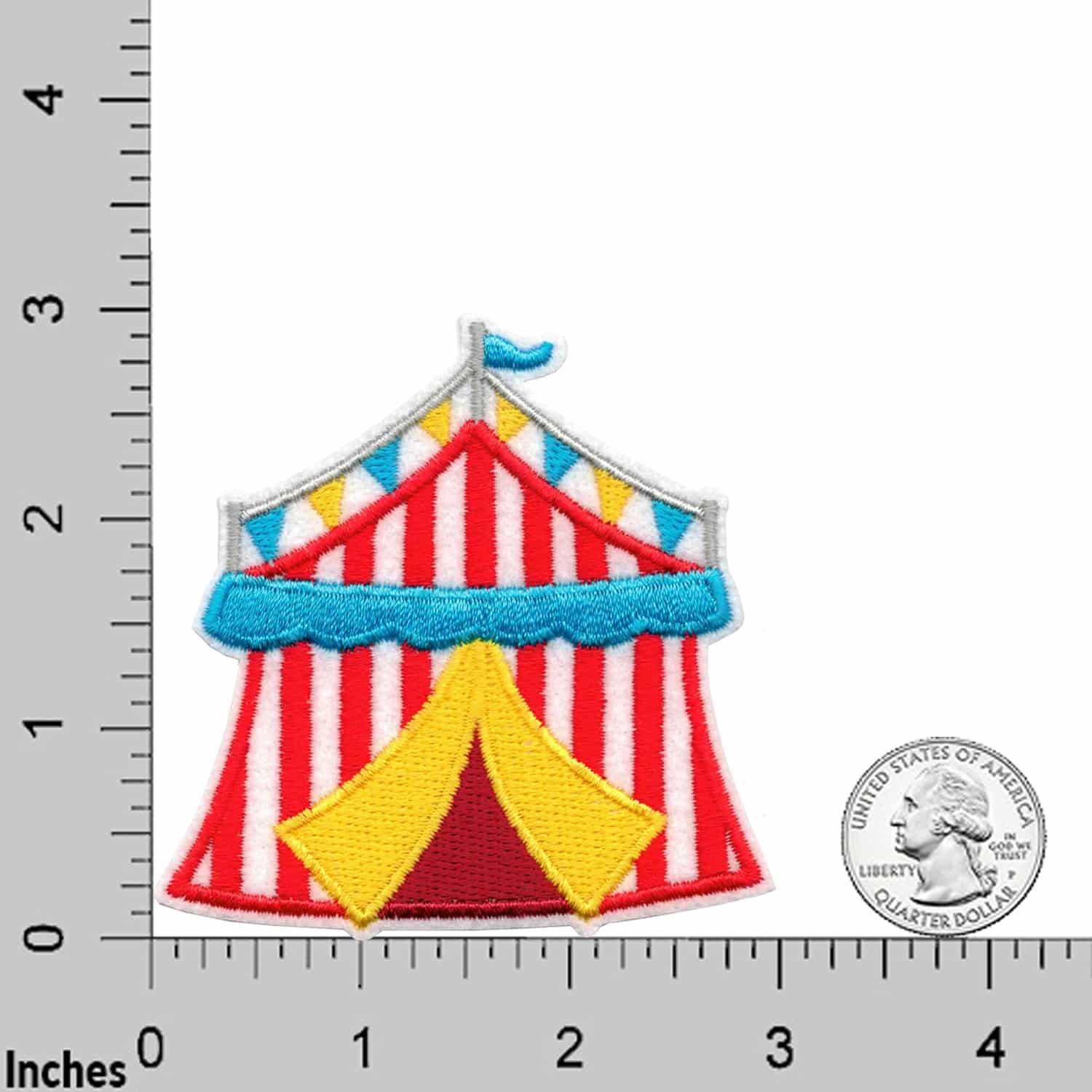 The Laughing Lizards Circus Tent (2-Pack) Embroidered Iron on Patch Applique features red and white stripes, yellow entrance, and blue trim—machine washable and perfect for DIY crafts. Shown with a U.S. quarter and ruler for scale.