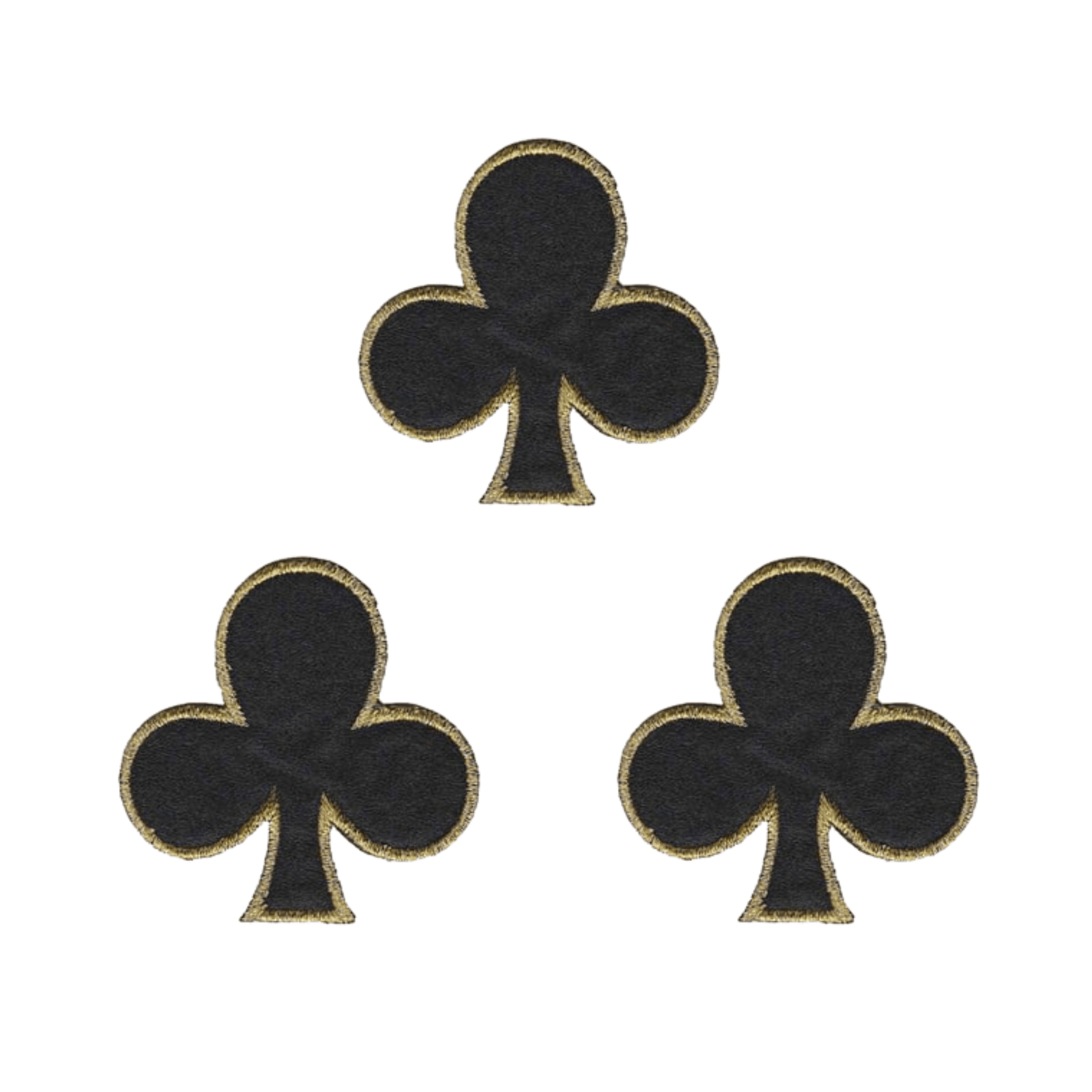 The Laughing Lizards Club Card (3-Pack) Iron On Patch features three black club symbols with gold borders in a triangle on a white background, creating a bold embroidered card suit design.