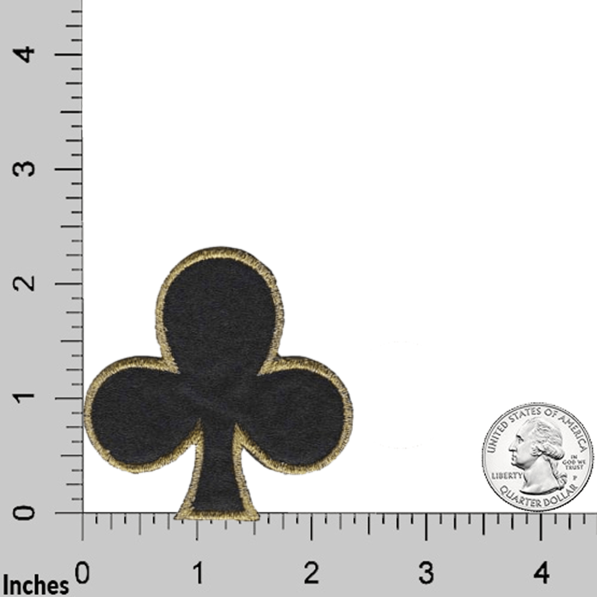 The Laughing Lizards Club Card (3-Pack) Iron On Patch features black fabric with a gold border and is displayed on an inch grid with a U.S. quarter for scale.