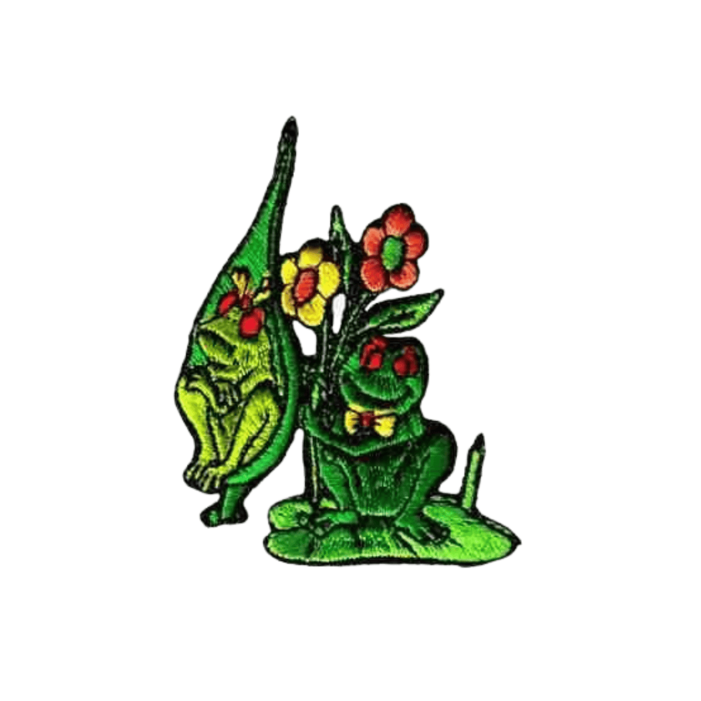 The Laughing Lizards Courting Frog on Lilypad Iron On Patch (3 Pack) features two green frogs, one holding a leaf, the other a flower stem—perfect for DIY crafts or as an applique.