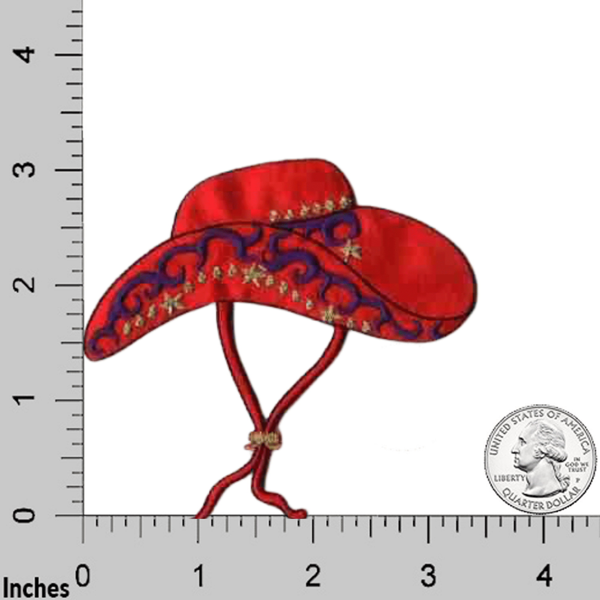 A red cowgirl hat patch (2-pack) western embroidered iron on patch applique embroidered on a ruler.