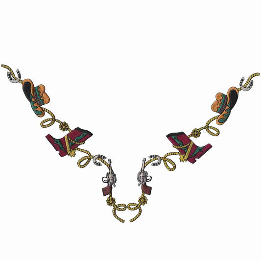A necklace with a Cowboy's Gun, Boot, Hat Western Neckline Iron On Patch.