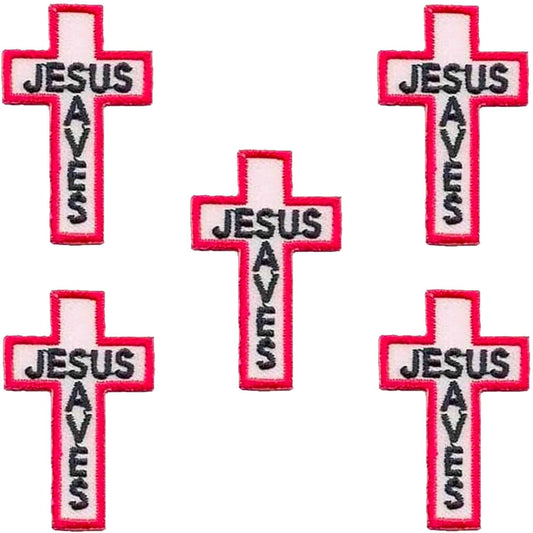 Jesus Saves Cross Patches (5 Pack) Religious Embroidered Iron On Patch Applique set of 4.