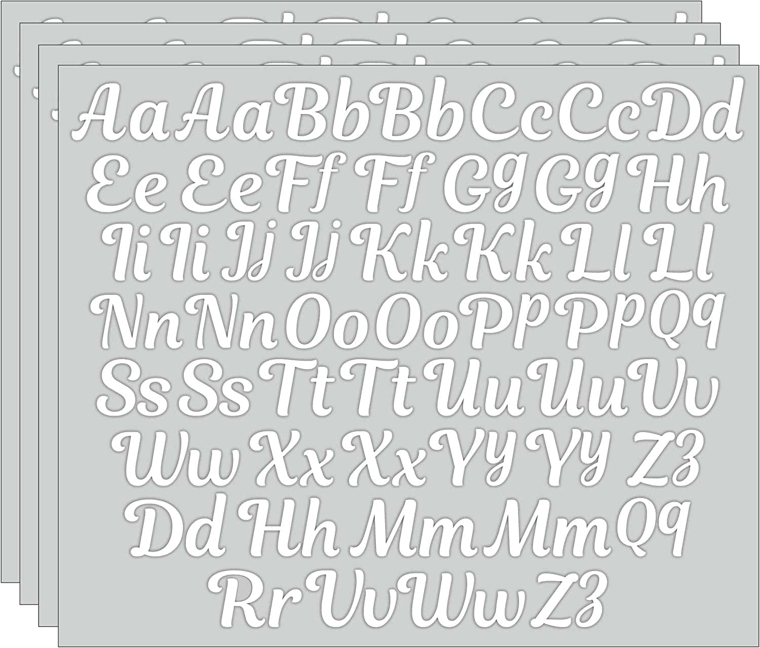 The Laughing Lizards Cursive White Transfer Alphabet Kit includes 208 adhesive uppercase and lowercase monogram letters, plus numbers like 3—ideal for customizing clothing or designs.