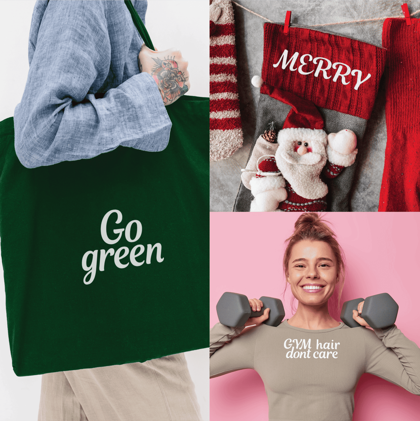 A collage featuring a green tote bag with "Go green" made using the Laughing Lizards Cursive White Transfer Alphabet Kit, a Christmas stocking labeled "MERRY," and a woman in a "GYM hair dont care" shirt lifting dumbbells.