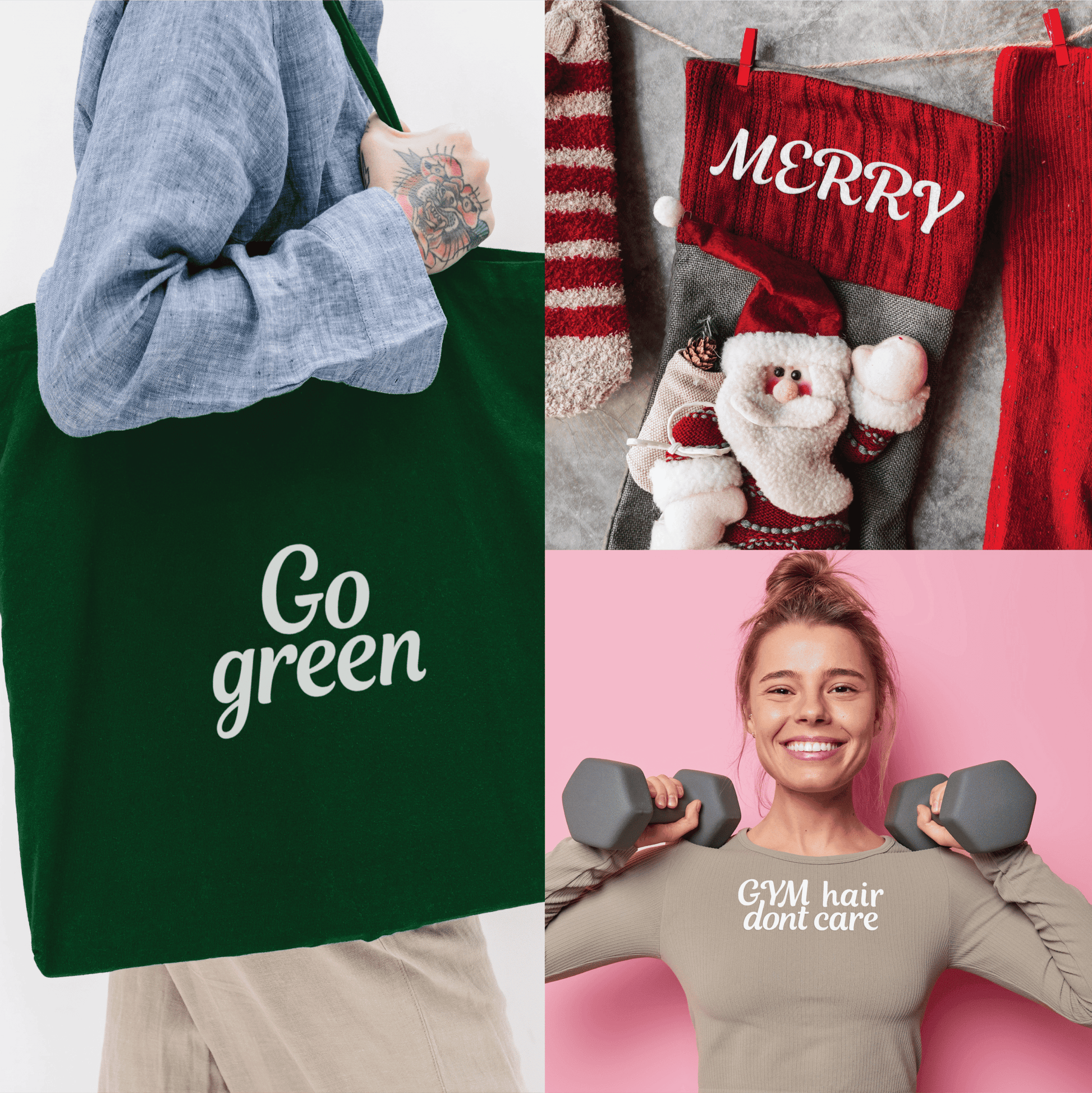 A collage featuring a green tote bag with "Go green" made using the Laughing Lizards Cursive White Transfer Alphabet Kit, a Christmas stocking labeled "MERRY," and a woman in a "GYM hair dont care" shirt lifting dumbbells.