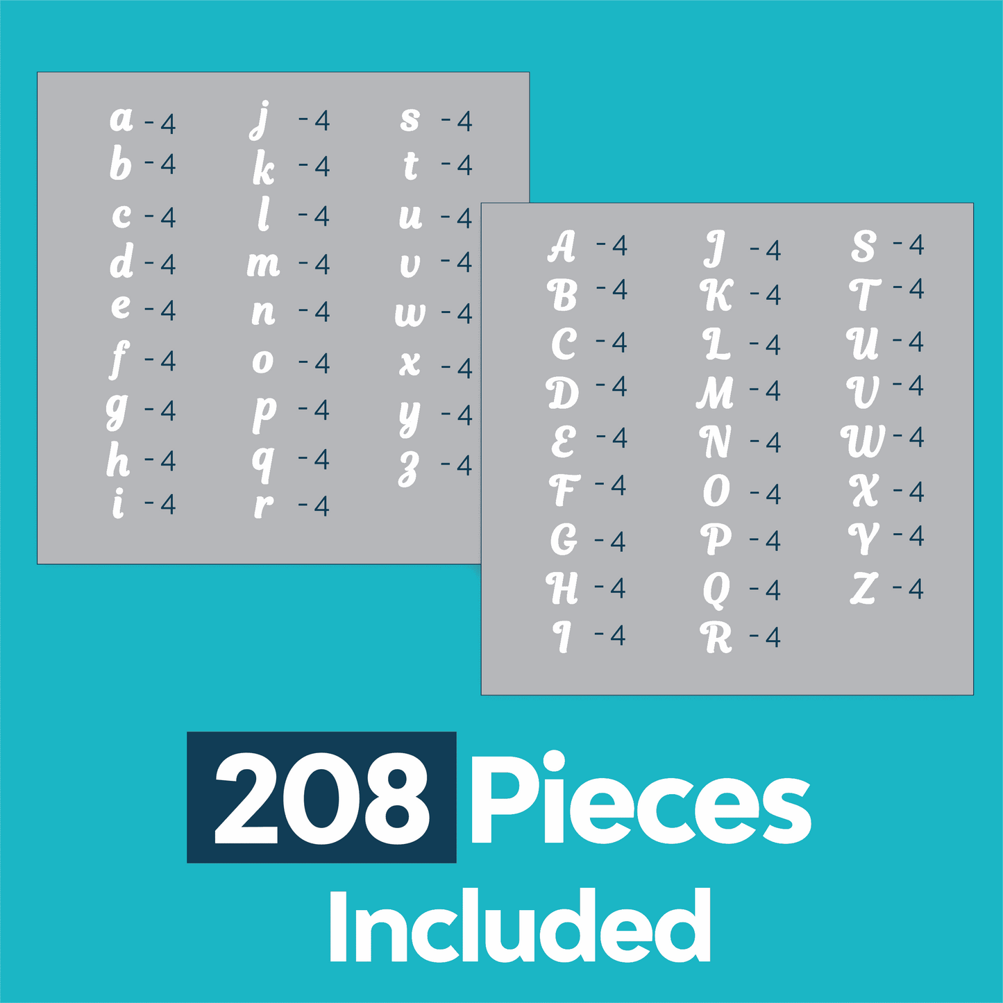 The Laughing Lizards Cursive White Transfer Alphabet Kit includes 208 uppercase and lowercase cursive letters in white—ideal for custom clothing. "208 Pieces Included" is shown on a teal background.