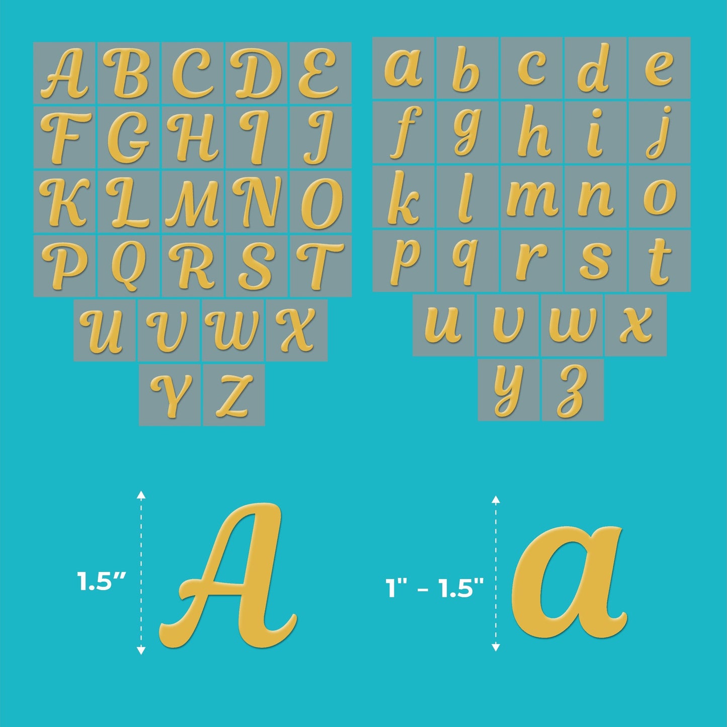 The Laughing Lizards Cursive White Transfer Alphabet Kit showcases upper and lowercase monogram letters in white, with "A" and "a" examples labeled by height—perfect for personalizing clothing with 208 iron-on letters.