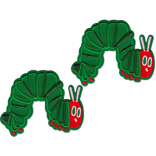 The Laughing Lizards Cute Caterpillar (2-Pack) Embroidered Iron on Patch Applique features green caterpillars with red heads, white eyes, and pink antennae—ideal for customizing DIY crafts or your favorite items.