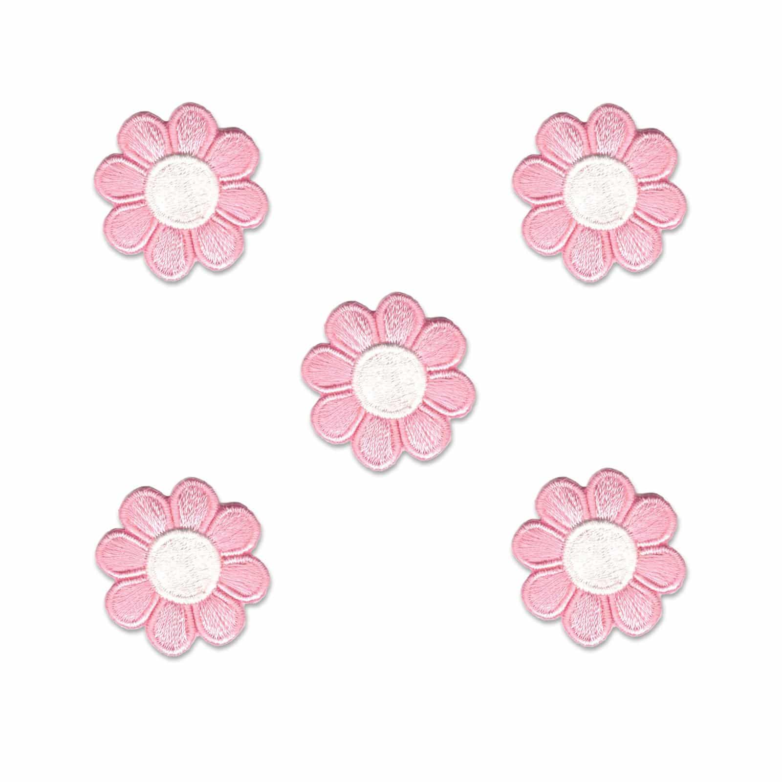 Four Cute Daisy Patches (5 Pack) Flower Embroidered Iron On Patch Appliques - 4 Color Choices! on a white background.