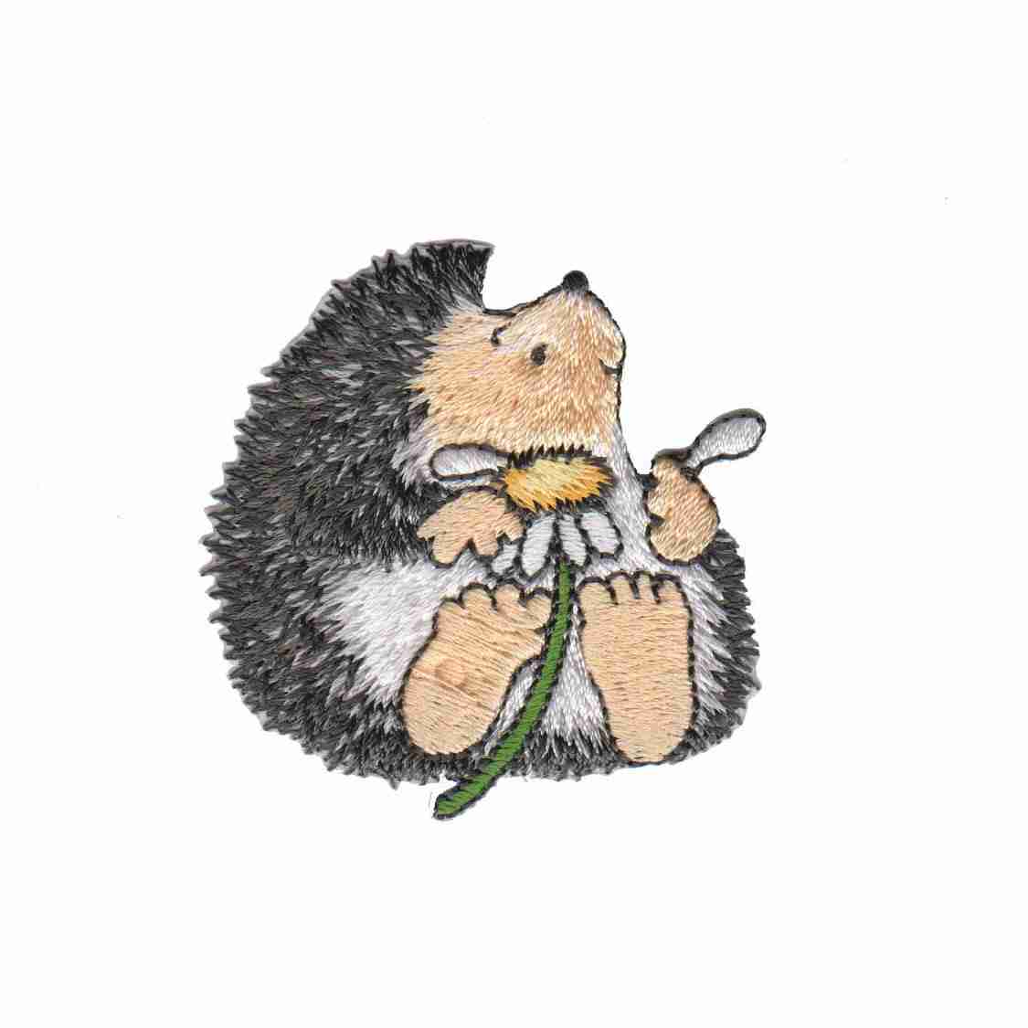 Cute Hedgehog with Daisy (3 Pack) Iron On Patch is holding a dandelion.