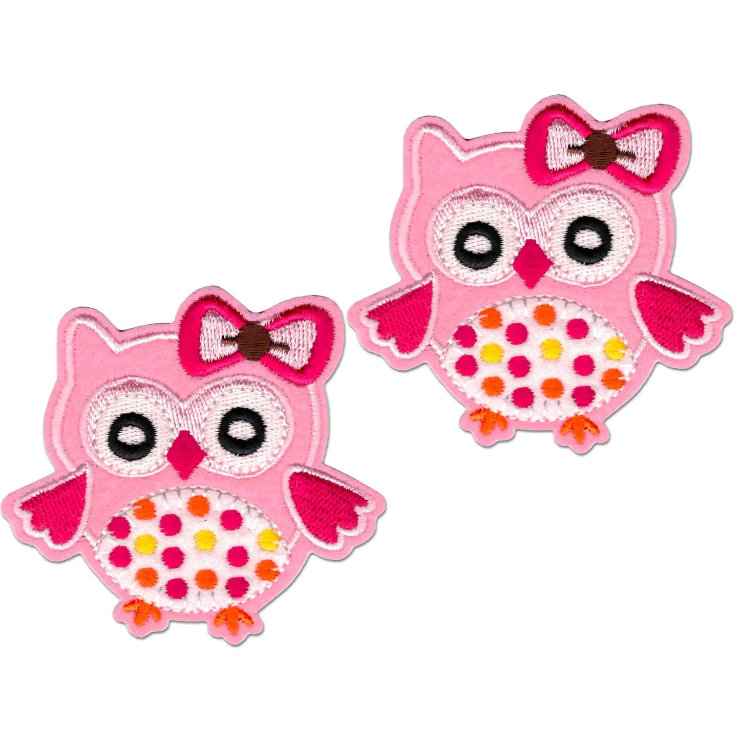 The Laughing Lizards Cute Pink Owl (2-Pack) Embroidered Iron on Patch Applique features pink owls with polka-dot bellies and bows, perfect for DIY projects. Set includes two patches on a white background.