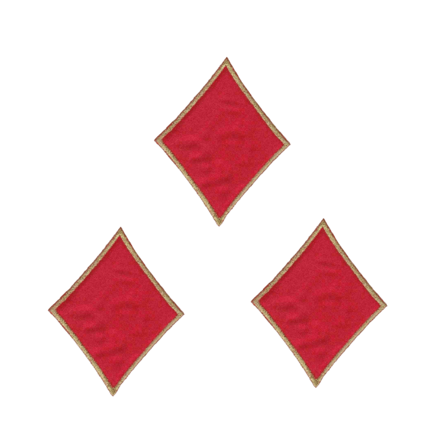 The Laughing Lizards Diamond Card (3-Pack) Iron On Patch features three red diamonds with gold borders in a triangle on white, perfect for DIY crafts or as a standout embroidered patch.