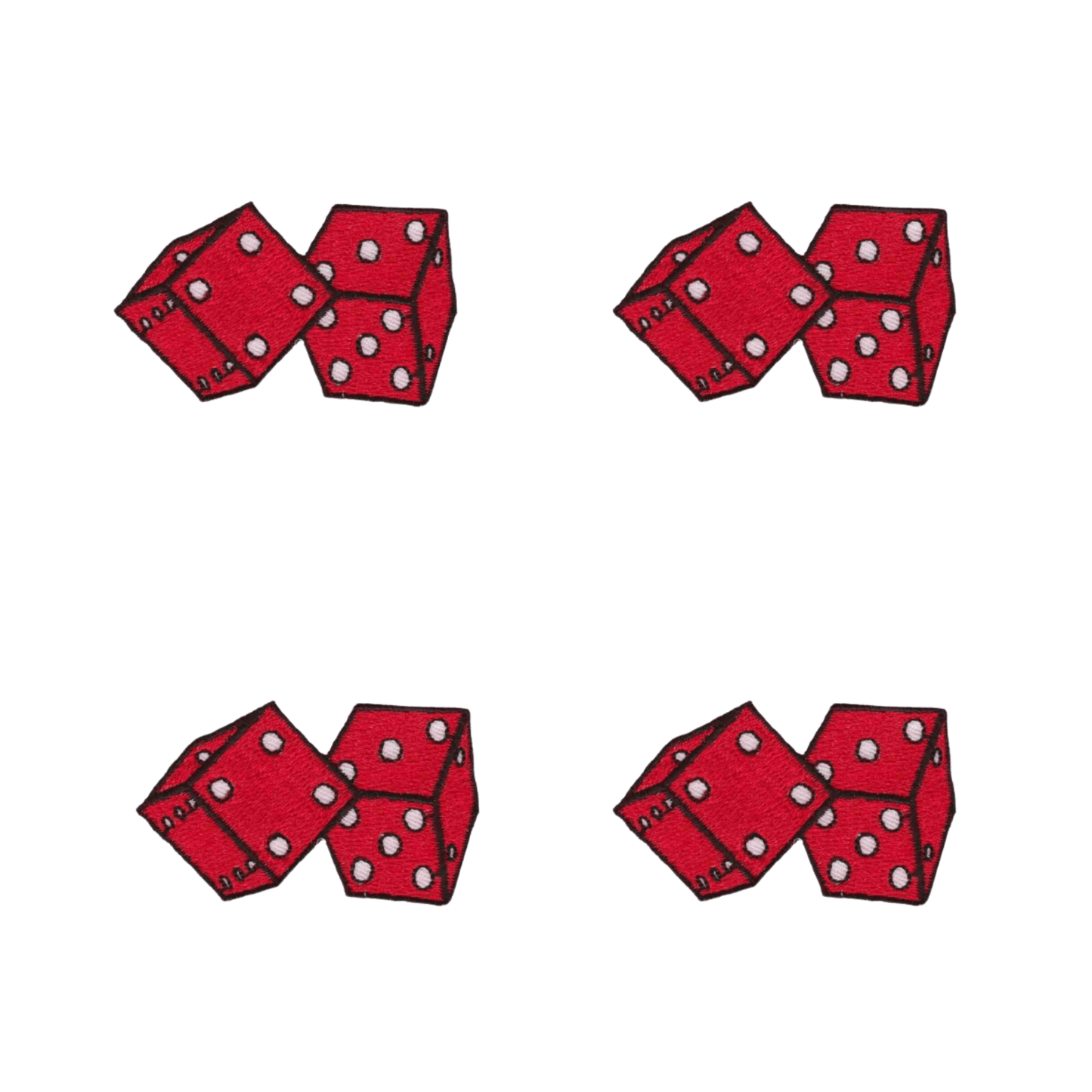 Four pairs of red dice are arranged in a grid pattern on a white background in the Laughing Lizards Double Dice Gambling (4-Pack) Iron On Patch—perfect for adding lucky flair to shirts or accessories. Each pair features two six-sided dice with white dots.