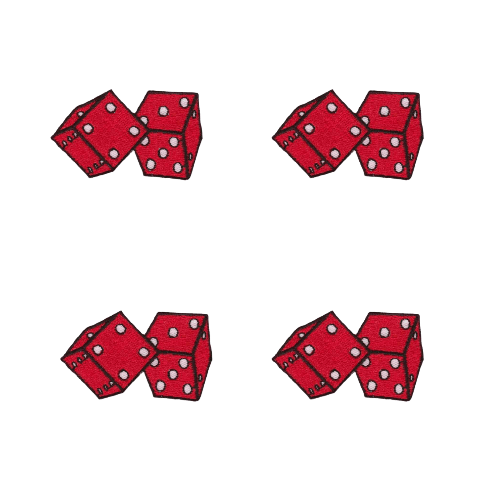 Four pairs of red dice are arranged in a grid pattern on a white background in the Laughing Lizards Double Dice Gambling (4-Pack) Iron On Patch—perfect for adding lucky flair to shirts or accessories. Each pair features two six-sided dice with white dots.
