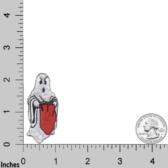 The LaughingLizards Trick or Treat Ghost Patches (5-Pack) feature a cute ghost holding a red book, shown beside a U.S. quarter for scale—perfect as embroidered iron-on Halloween decorations.