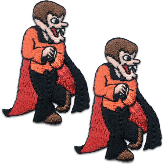 Add spooky flair to your decorations with LaughingLizards Count Dracula Iron On Halloween Patch Applique—featuring a cartoon vampire with a red cape, black outfit, pointed fangs, and slicked-back brown hair. Perfect for Halloween!.