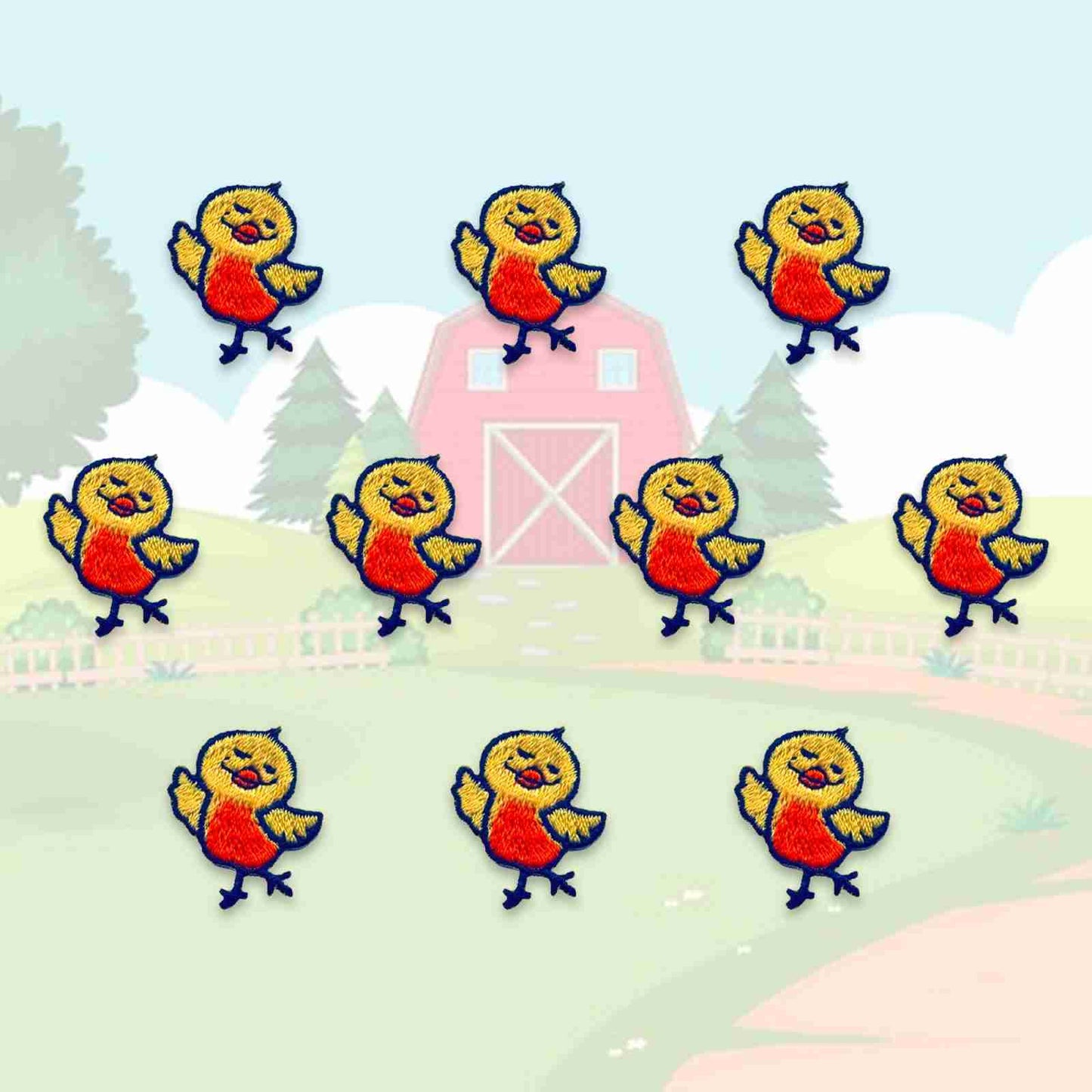 A group of Chick Patches (10-Pack) Chicken Embroidered Iron On Patch Appliques standing in front of a barn.